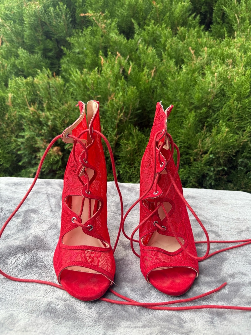 Red Lace-Up Peep Toe Heels - Women's Red Lace Sandals
